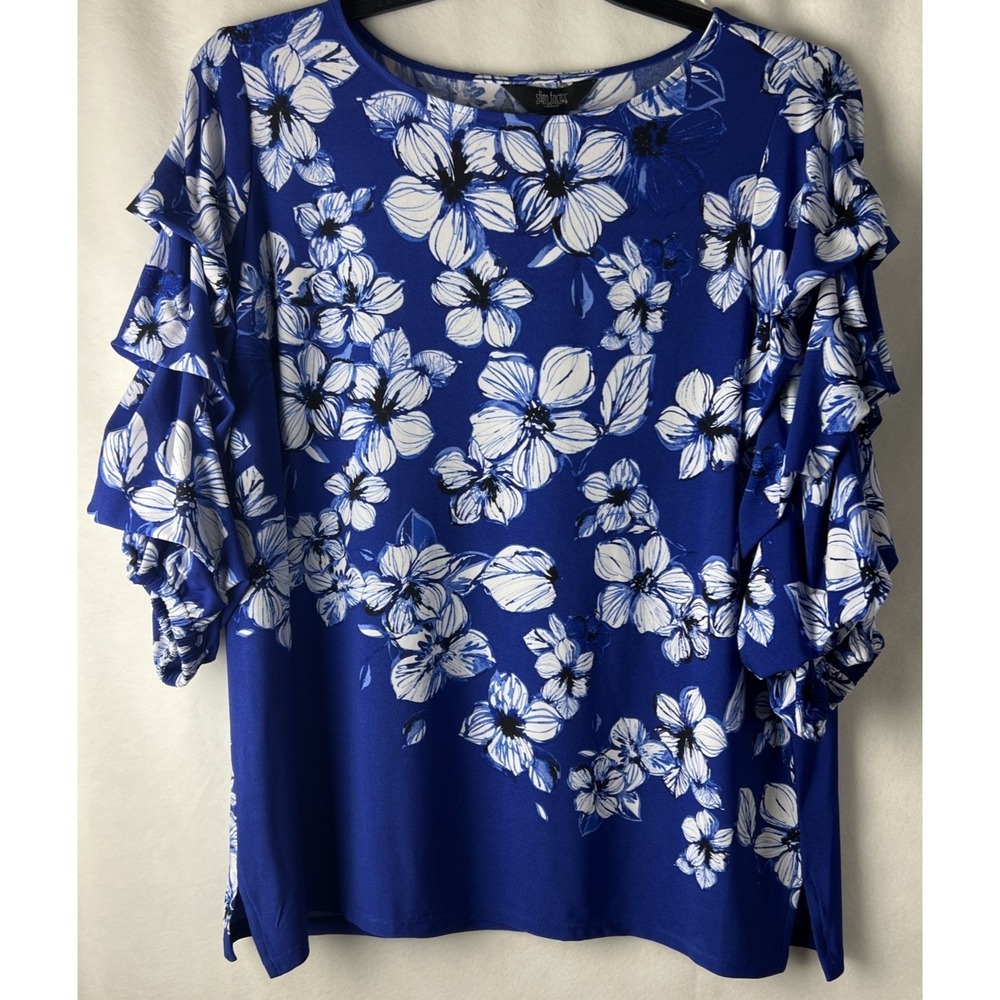 Slim Factor Blouse Women 1X Royal Blue Floral Cascading Ruffle Sleeve Top A15‎
